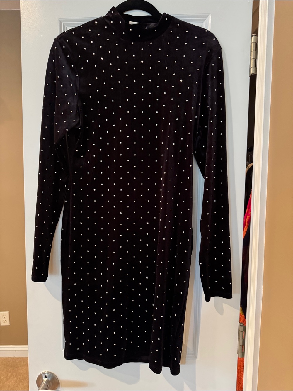 H&M Black Velvet Long-Sleeve Mini Dress with Crystal Dot Accents